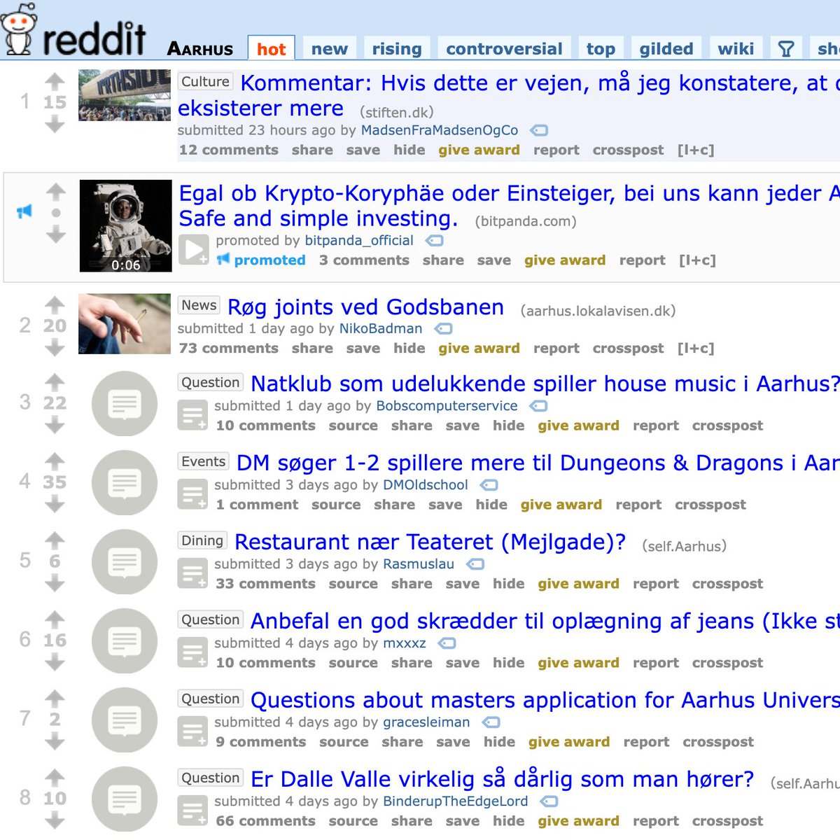 EverySubreddit's tweet photo. Every Single Subreddit #14

r/Aarhus

"Aarhus is the second-largest city in r/Denmark also known as the city of smiles and the world's smallest big city. A city full of students and with dazzling night life!" 

Subs: 13,258

Top post: TENET - WITH A CAT (379 upvotes)

#Aarhus https://t.co/wasrlXuxTI