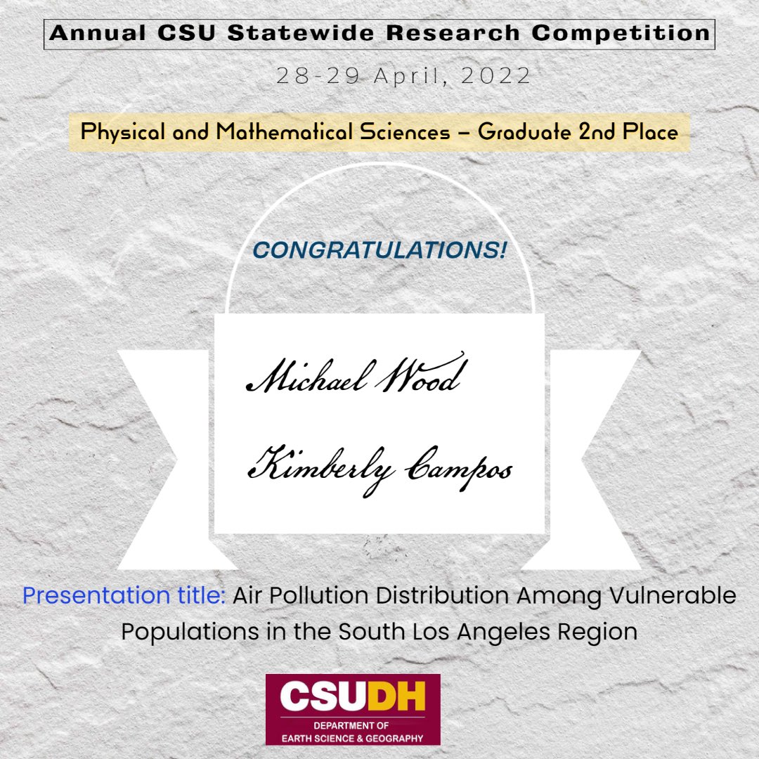 earth_csudh's tweet photo. Congratulations! Michael Wood and Kimberly Campos (MS Environmental Science) for 2nd Place presentation award (Physical and Mathematical Sciences – Graduate) at 36th Annual CSU Statewide Research Competition.
@EarthSciClubDH https://t.co/iStXc5v7FJ