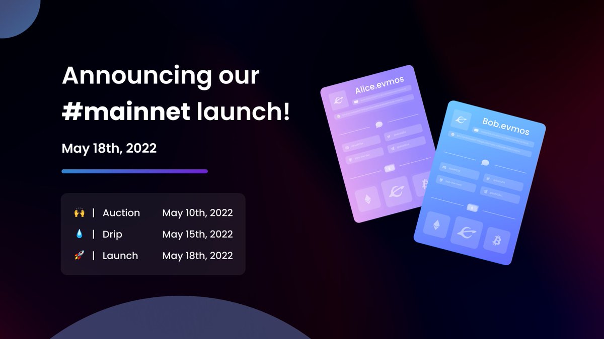 Gm #Evmosians &amp; #Namers!

We're excited to enter a new era for #EvmosDomains as we finally announce our #mainnet launch! 😎 🚀
🗓 Mainnet launch date: May 18

To prevent name-squatting and congestion, we're holding a pre-registration period lasting 8 days before we go live.

🧵👇