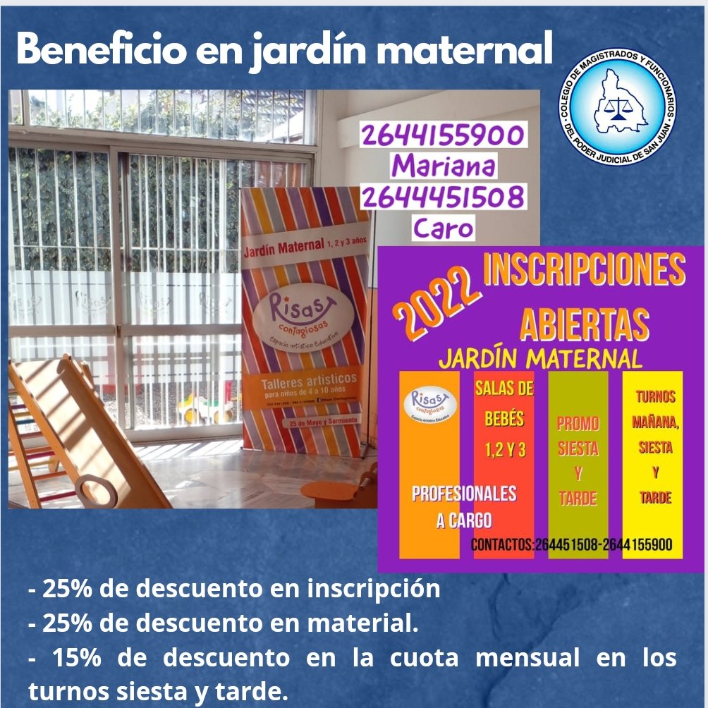 MagistradosSJ's tweet photo. NUEVO BENEFICIO‼️
Descuento exclusivo para nuestros asociados/as en Jardín maternal "Risas Contagiosas"👶👧🏼
Descuento del 25% en inscripción, $25% en material, y 15% en cuota mensual solo en los turnos siesta y tarde.
Contacto: Mariana: 2644145900
  Caro: 2644451508 https://t.co/joMFa6WTf3