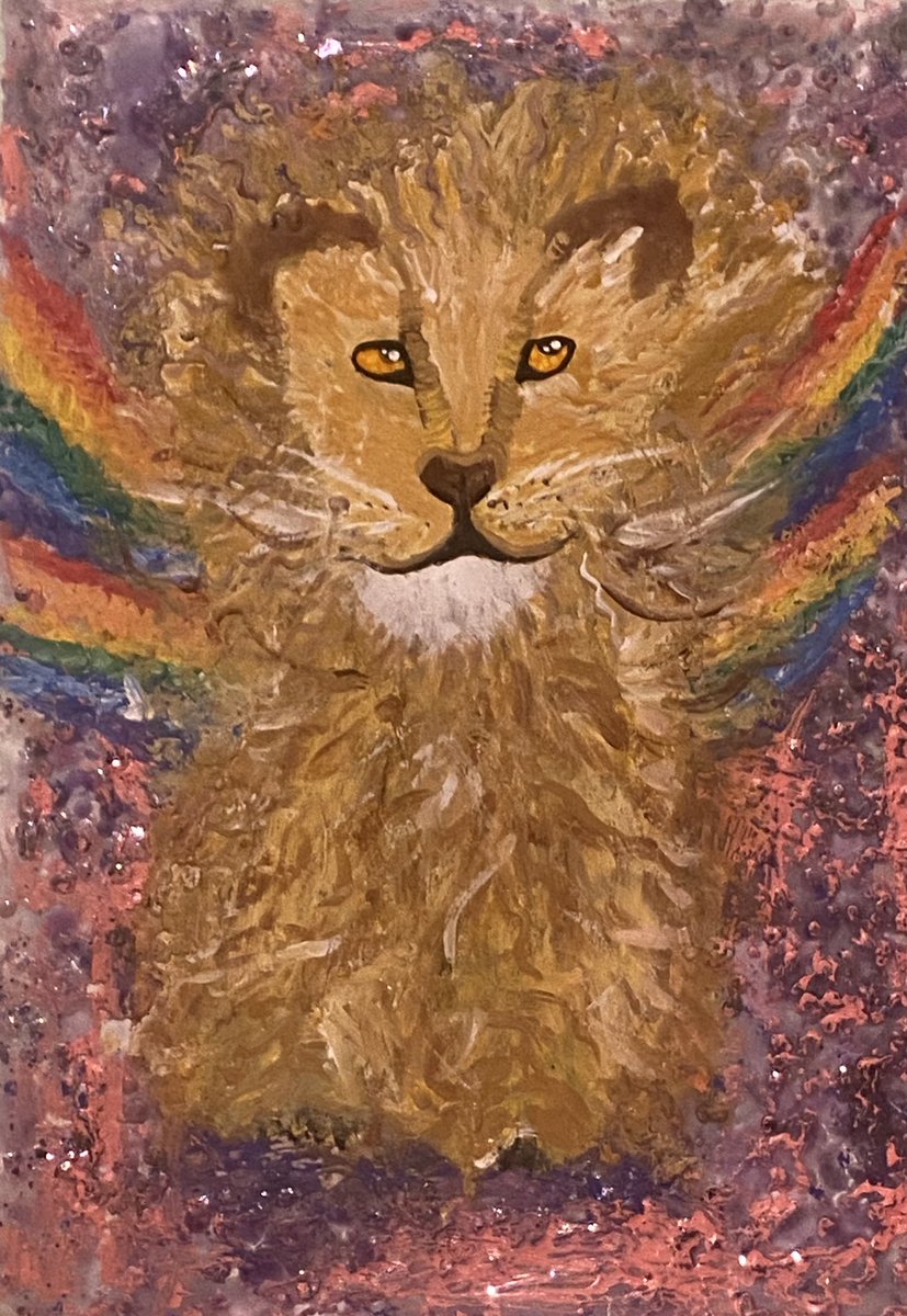 Sphinxportal's tweet photo. My art final ❤️ I used pencil, colored pencil, candle wax, and acrylic paint.  #abstractart #lion #lionpainting #waxpainting #texturedpainting https://t.co/pk4GF5kJL1