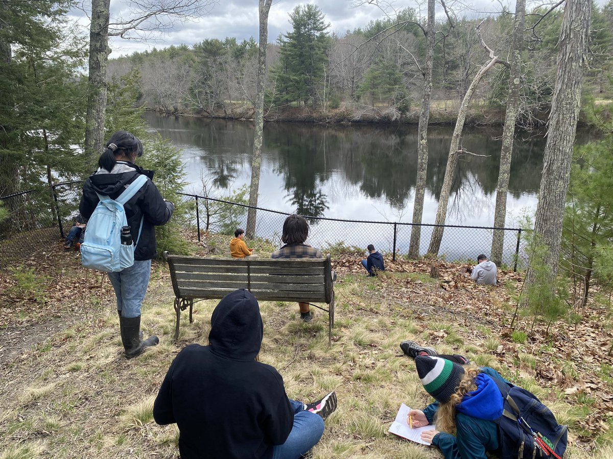 Students ending a watersheds lesson with a sit spot by the Saco River #naturalistexchange @WolfRidgeELC @EcologySchoolME