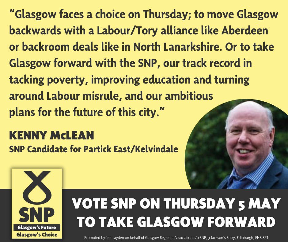 SNPforGlasgow's tweet photo. Glasgow Labour have sympathised with their Aberdeen colleagues who went into coalition with the Tories at the last council elections. 

It’s clear they’d do the same here given the chance.

On Thursday, #VoteSNP to take Glasgow forward - not backwards with a Labour/Tory alliance. https://t.co/IXAvDea7yJ