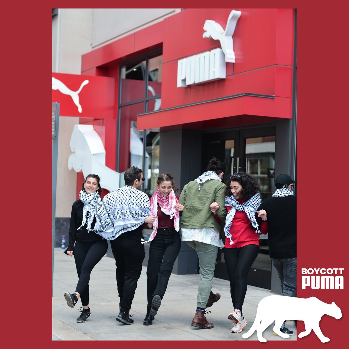 PACBI's tweet photo. Dance against apartheid! 

Boston Dabke Troupe and @BDSBoston team up for a Dabke-themed protest against @PUMA's support for Israeli apartheid oppressing millions of Palestinians.

Choose #BoycottPUMA, not #PumaFam. 

Join the campaign: https://t.co/qCvkMGkCNQ https://t.co/7W2CgmHkUy