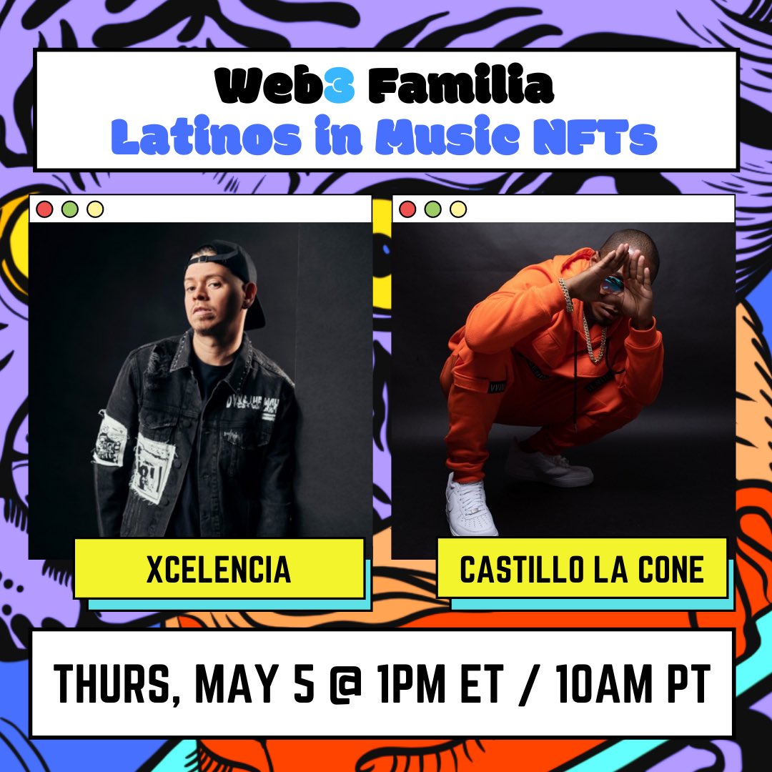 JOIN US this week for a chat with Music NFT legends @Xcelencia & @Castillolacone 🎉🎶 Set reminder: twitter.com/i/spaces/1eaKb…