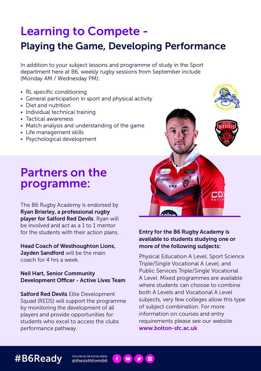 WesthoughtonRL's tweet photo. 🏉 𝙍𝙪𝙜𝙗𝙮 𝘼𝙘𝙖𝙙𝙚𝙢𝙮 🏉

@thesixthformB6 will be running a Rugby Academy from September. 

They are hosting a trail session on Monday 9th May at The Den, if your child is in year 11 and interested register below ⬇️ 

https://t.co/RbddDmz6sa

@RyanBrierley @SalfordDevils https://t.co/nAY0KJM9J2