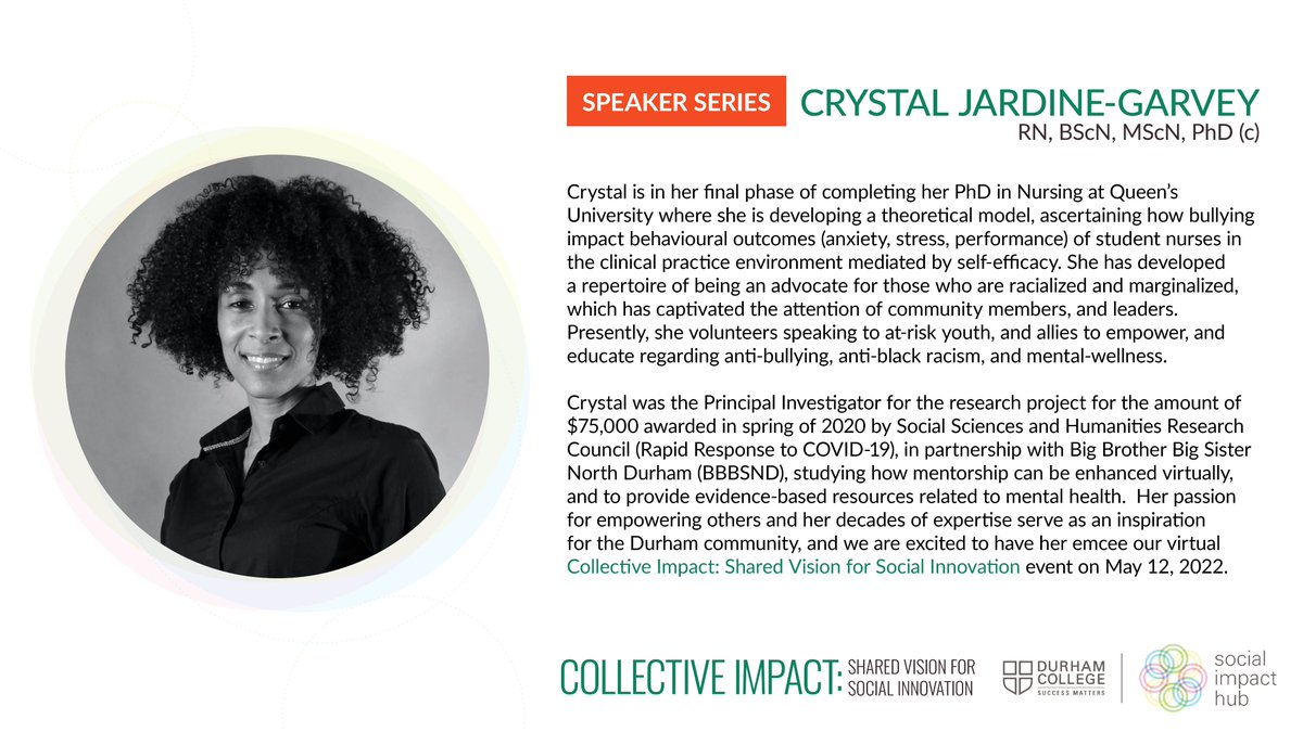 dc_socialimpact's tweet photo. #SpeakerSeries: Meet Crystal Jardine-Garvey RN, BScH, MScN, PhD (c), our emcee for our upcoming virtual Collective Impact: Shared Vision for Social Innovation event on May 12, 2022. Learn more about Crystal and the event here: https://t.co/cadaA1gkyy. Photo: Nia Thompson https://t.co/fcJOepNOfA