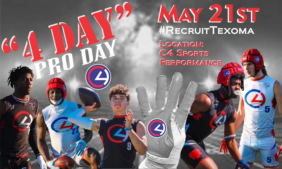 4️⃣ Day Pro Day

🗓 May 21

📍<a href="/C4SportOklahoma/">C4 SportsPerformance</a> 

🎥 10+ Confirmed Recruiting Media Personnel. 

🧢 Confirmed D2 &amp; FCS Coaches

💻 Electronic Testing
🏈 Individual Positional Drills

A PROGRAM Only Event Non Invite

Coaches &amp; Media Wanting to Attend DM or Email info@c4commit.com