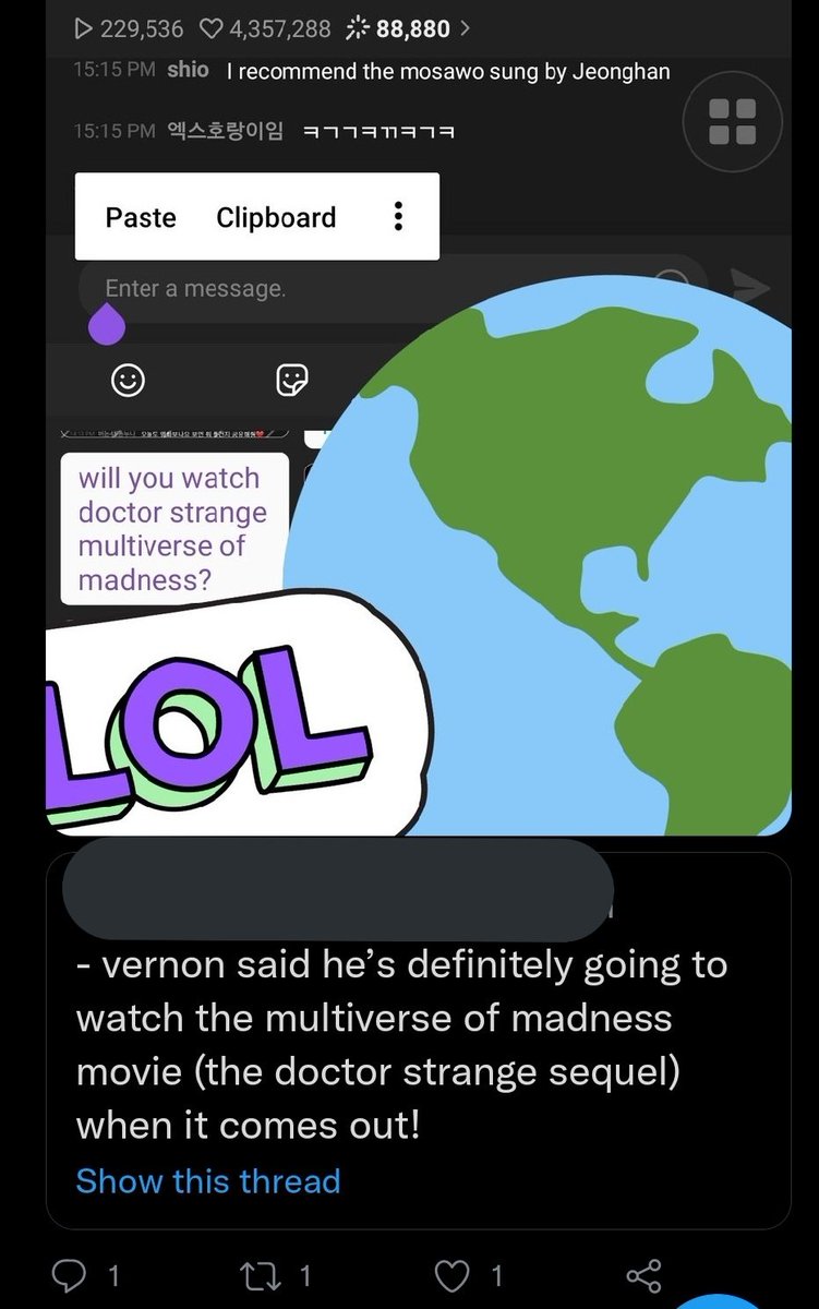 spidervrze's tweet photo. not me asking my kpop man earlier on vlive if he will watch multiverse of madness and he answered my comment saying yes he will 😭😭😭😭 AS HE SHOULD https://t.co/SbwzF8ph6i