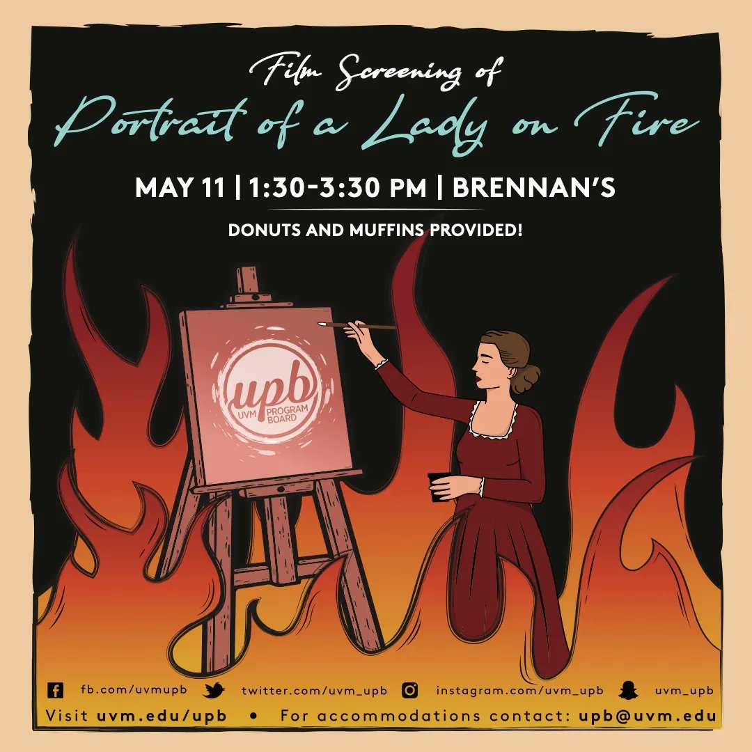 Take some time to yourself during finals week and join UPB for a screening of "Portrait of a Lady on Fire," a film about the beauty of love and art. Come to Brennan's Wednesday, May 11th at 1pm and enjoy free pastries!