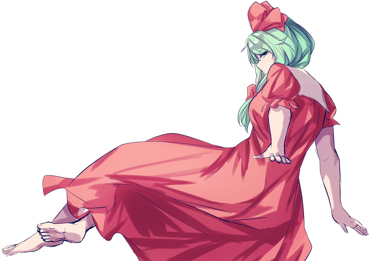 kagiyama hina 1girl solo dress barefoot green hair white background red dress  illustration images