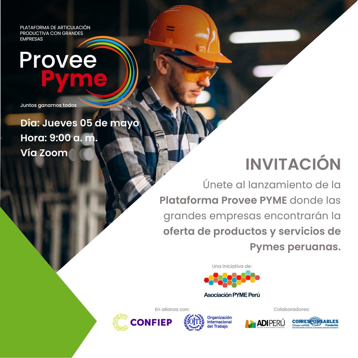 CONFIEP's tweet photo. 📢¡A pocos días! Este 05 de mayo a las 🕘 9:00 a. m., @PYME_Peru presenta en alianza con CONFIEP y @OITAndina, la Plataforma #ProveePYME, donde las grandes empresas encontrarán la oferta de productos y servicios de pymes peruanas🇵🇪.   

Regístrate 👉 https://t.co/ALanzqmZsp https://t.co/BvCmVwDl4u