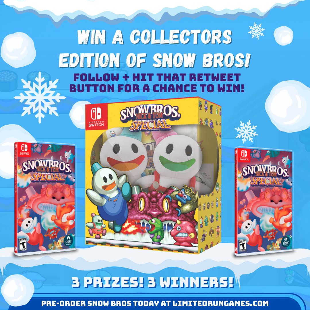 LimitedRunGames's tweet image. Let&apos;s SNOW ❄️

Follow + RT to win a copy of Snow Bros. Nick &amp;amp; Tom Special on Switch!
❄️2 winners will receive a Standard copy
❄️1 will receive a Collector&apos;s Edition

Winners will be chosen Friday afternoon! Good luck!

Pre-orders close Sunday! Learn more: bit.ly/3qKxVQE