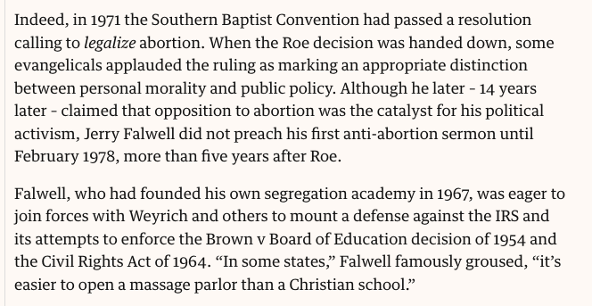 Actually, the right didn't freak out because it didn't care. The Southern Baptist Convention had called for legalizing abortion in 1971. It wasn't until 1979, when the right realized it needed to find a new issue other than segregation to organize on.

theguardian.com/commentisfree/…