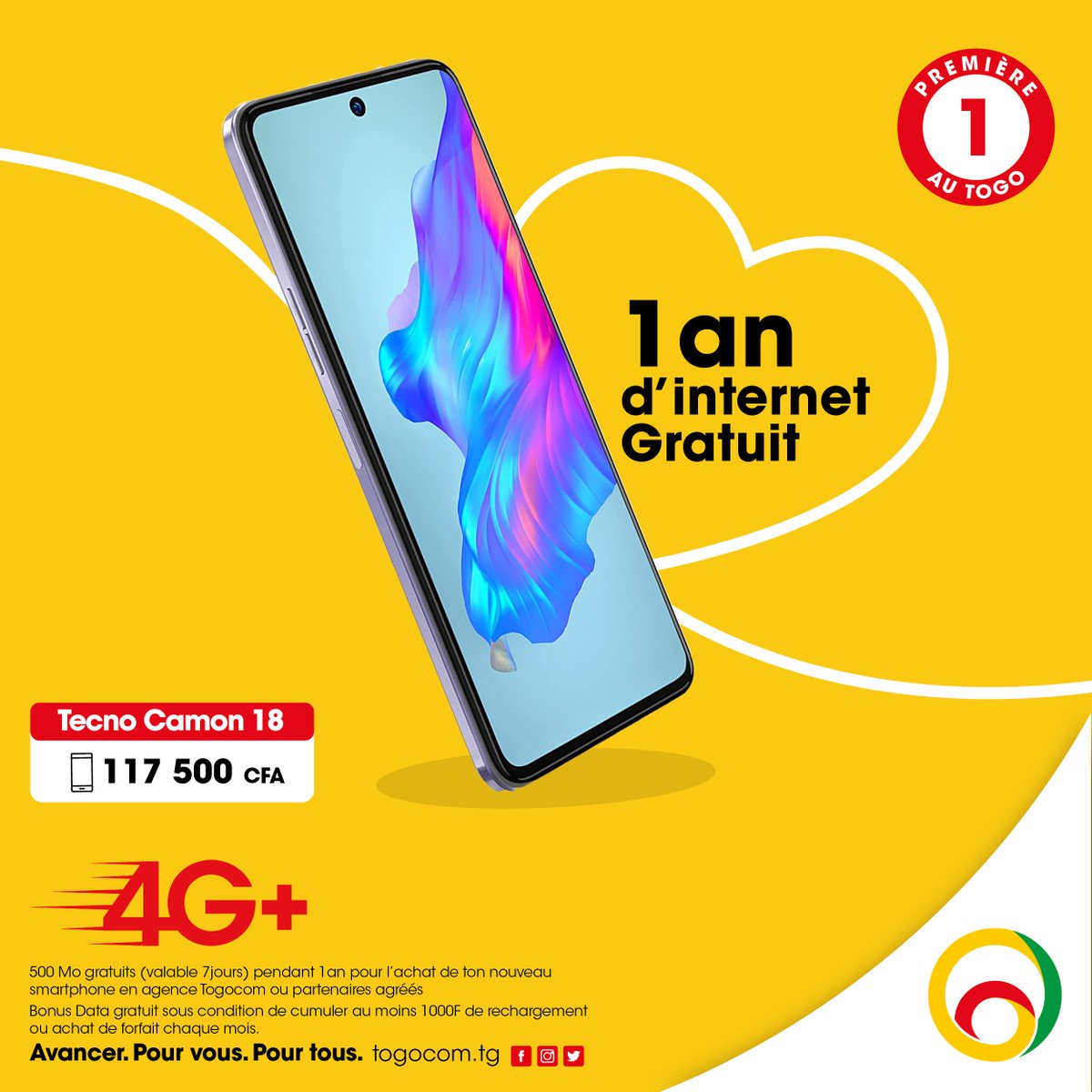 YasTogo's tweet photo. Vite rendez-vous ร lโagence Togocom la plus proche ou chez les partenaires agrรฉรฉs pour tโoffrir ton nouveau smartphone Tecno Camon 18 ร 117 500F CFA.โจ
A chacun son nouveau smartphone !๐
Infos 888 : 20F TTC/Appel
#PromoDevice #Togocom #4G+
#TogocomAvancerPourTousPourVous https://t.co/OkWJUJTxAi