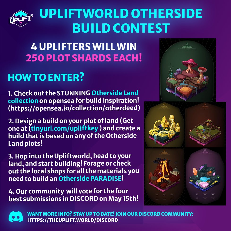 theupliftworld's tweet image. 🚨1300 PLOT SHARD #NFT GIVEAWAY for all @OthersideMeta lovers!😍 

✅First 300 people to QUOTE TWEET with their #WAX address + the hashtags #Otherside + #Upliftworld will win 1 SHARD
✅Enter the build contest below +comment a picture of your build + your WAX wallet when finished!