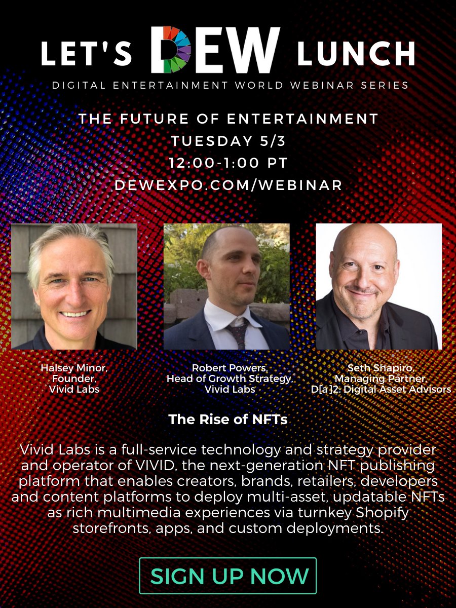 Vivid Labs is on Let's DEW Lunch's popular "Rise of NFTs" Series today! Join Halsey Minor, Robert Powers, and Seth Shapiro at Noon PT. Register here: buff.ly/3FcvbRN #LetsDEWLunch #nfts