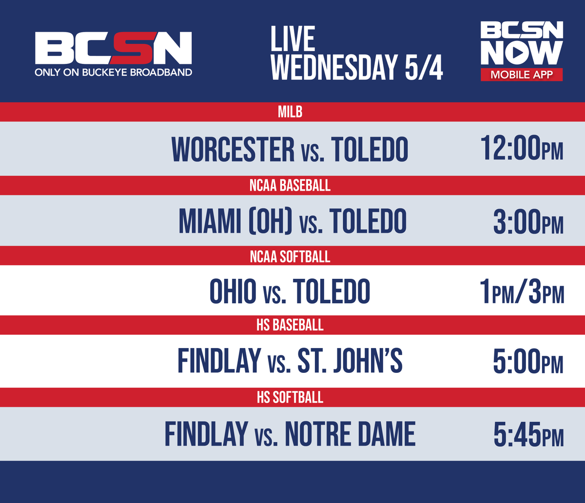 JustinFeldkamp's tweet photo. A busy Wednesday on @BCSNsports 
@MudHens, @ToledoBaseball, @ToledoSoftball, @FHSAthletic, @SJJTitanSports, and @NDAEagleSports all on LIVE TV or LIVE on the BCSN NOW APP. https://t.co/OddiwTLfRG
