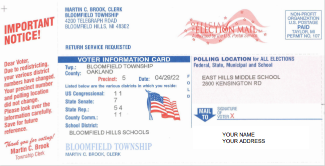 BloomfieldGov's tweet photo. number and voting location did not change.  If you have not received your card yet, expect it to arrive soon.  If you receive a card for a person who does not reside at your home, contact us at 433-7702.  Your call will help maintain the most accurate voter registration records. https://t.co/GvSsHSTRtD