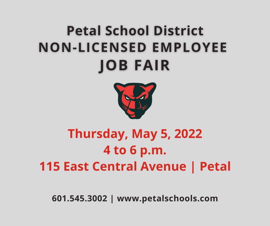 petalschools's tweet photo. REMINDER: The Petal School District will host its inaugural job fair for non-licensed employees from 4 to 6 p.m. on Thursday, May 5 at the PSD Central Office located at 115 East Central Avenue. More info here: https://t.co/cYwy3xUJ3p. #PetalSchools #TransformThrive https://t.co/0M2lQqnLax