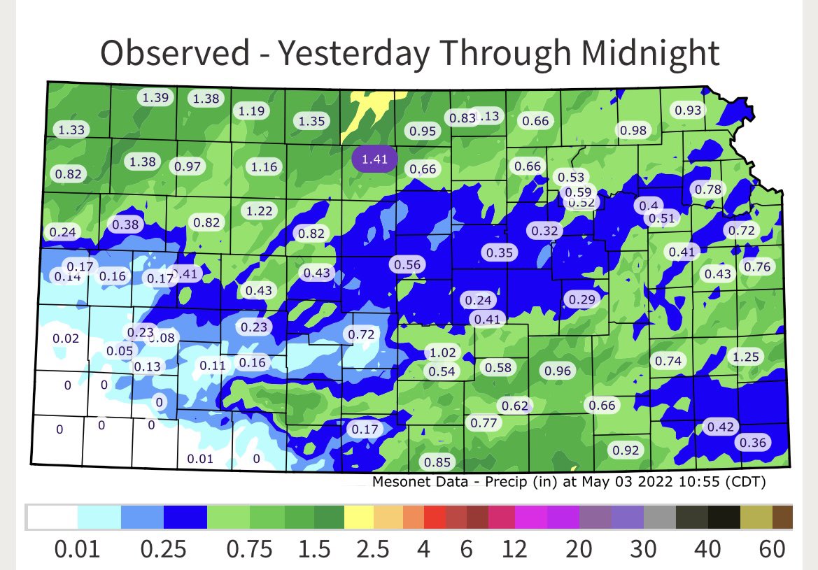 TheTwisterTom's tweet image. Yesterdays rainfall totals with more rain on Wednesday/Thursday. @ksmesonet #kswx #rain #neededrain #morerain