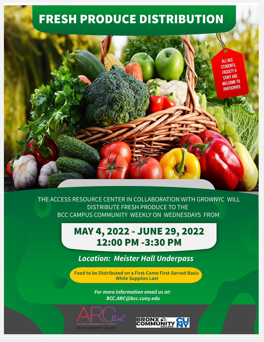 BCC_ARC's tweet photo. Please join us tomorrow and every Wednesday for fresh produce at BCC. No sign up or appointment needed. Come one, come all. Don’t forget to bring your bags. #grownyc #bcccuny https://t.co/IXpjH9sJgg