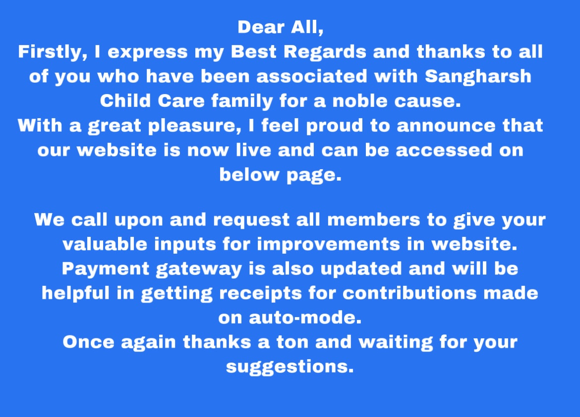 sangharsh_trust's tweet photo. Dear All
Thank you All of you to connected   with us.
Visit Our Website and give your Suggestion to us

https://t.co/gTVLxK32MY

-Warm Regards-

Shivangi Sharma
Founder Trustee
(Sangharsh Child care)
https://t.co/nwzQtpIXcL. 9899654695/9718618444 https://t.co/cemFBLOptk