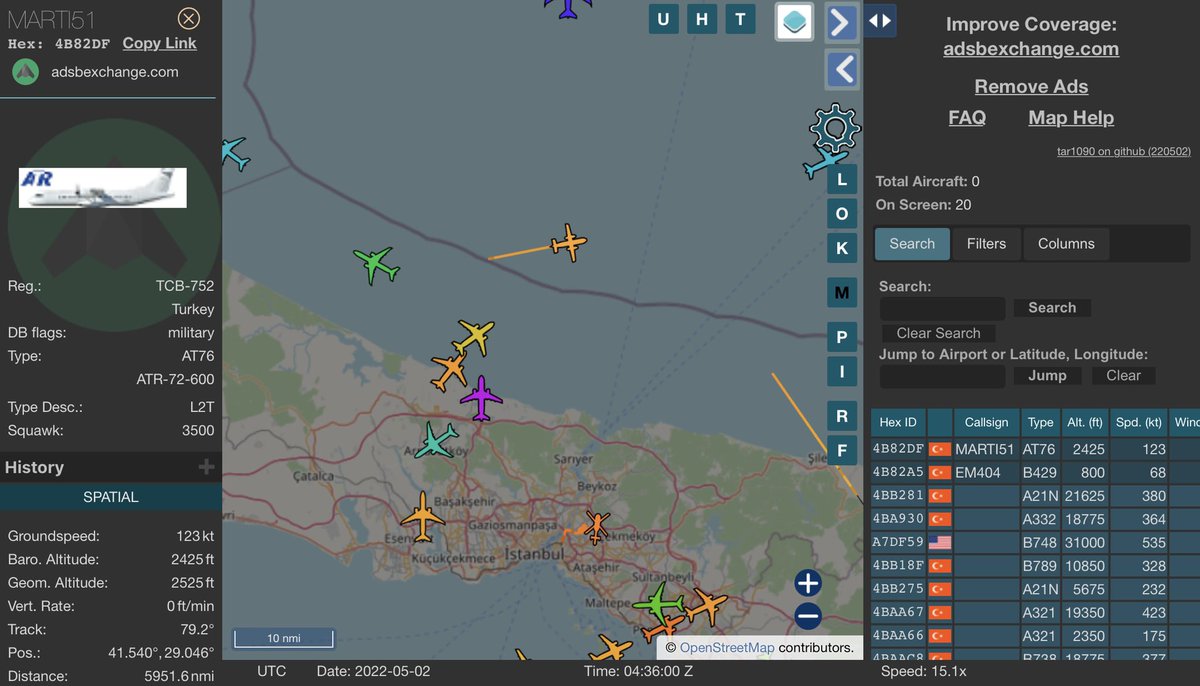812Z_'s tweet photo. If you’re wondering what I’ve been quiet, here’s the only 🇹🇷#Turkish military sighting so far today. Turkish Navy P-72 Leonardo ATR-72-600 ‘MARTI51’ (hex #4B82DF | TCB-752) observed briefly over the Black Sea. Perhaps observance of the Eid al-Fitr holiday has impacted Air Ops? https://t.co/BjcFBg0yTR