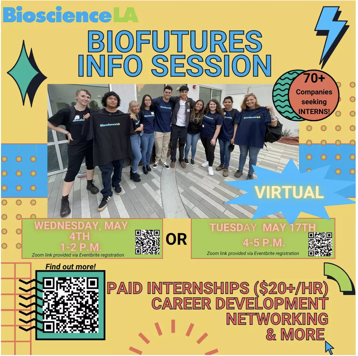 BioscienceLA's tweet photo. Join us for our BioFutures Internship Program Info Sessions!
May 4th from 1-2pm & May 17th from 4-5pm via Zoom! Learn more about our($20+/HR.) PAID Internship Program for LA area Life Sciences & Health Innovation companies/start-ups. #BioFutures #BioscienceLA #Paidinternships https://t.co/BOK2kt1CZz