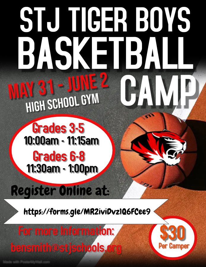 St. James Tiger Boys Basketball Camp will be held May 31 - June 2 in the High School Gym. Sign up with the following link: forms.gle/MR2iviDvz1Q6FC…
@STJTigerSports <a href="/STJSchools/">STJ Schools</a> <a href="/BenSmit26655792/">Ben Smith</a>