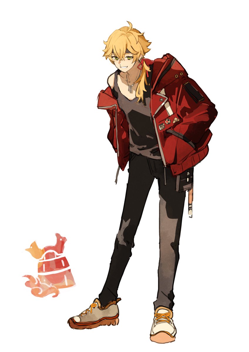 thoma (genshin impact) 1boy male focus red jacket blonde hair jacket pants simple background  illustration images