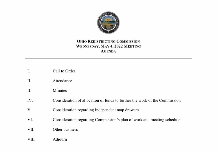 JRultenberg's tweet photo. The Ohio Redistricting Commission has released its agenda for tomorrow’s meeting. Legislative maps are due Friday. @SpectrumNews1OH https://t.co/gVhLvl6Ya6