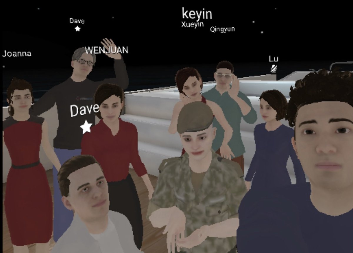 JHU_CTE's tweet photo. CTE's Dave Peloff joined @JohnsHopkinsSPH facilitators Dave Toia, Lu Yang, and 6 students from the ITGL grad program for a virtual group selfie during one of their biweekly VR research gatherings using #OculusQuest2 headsets on the #EngageVR platform. https://t.co/YnQ6XofuA4