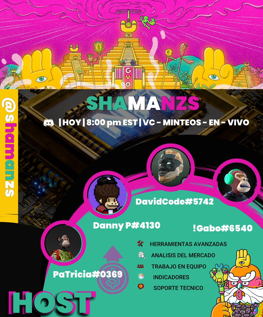 patriciacbz87's tweet photo. ✨ A ver amigos, quien va a mintiar @shamanzs? 

👀Estaremos @mendozafgabriel @Extasiis_ @DanielPG2106 👀transmitiendo el minteo en vivo desde las 07:45 pm EST desde el VC en nuestro discord https://t.co/QrnC8vTAer, LOS ESPERAMOS #shamnzs #criptobeach https://t.co/Epqxf54QoZ