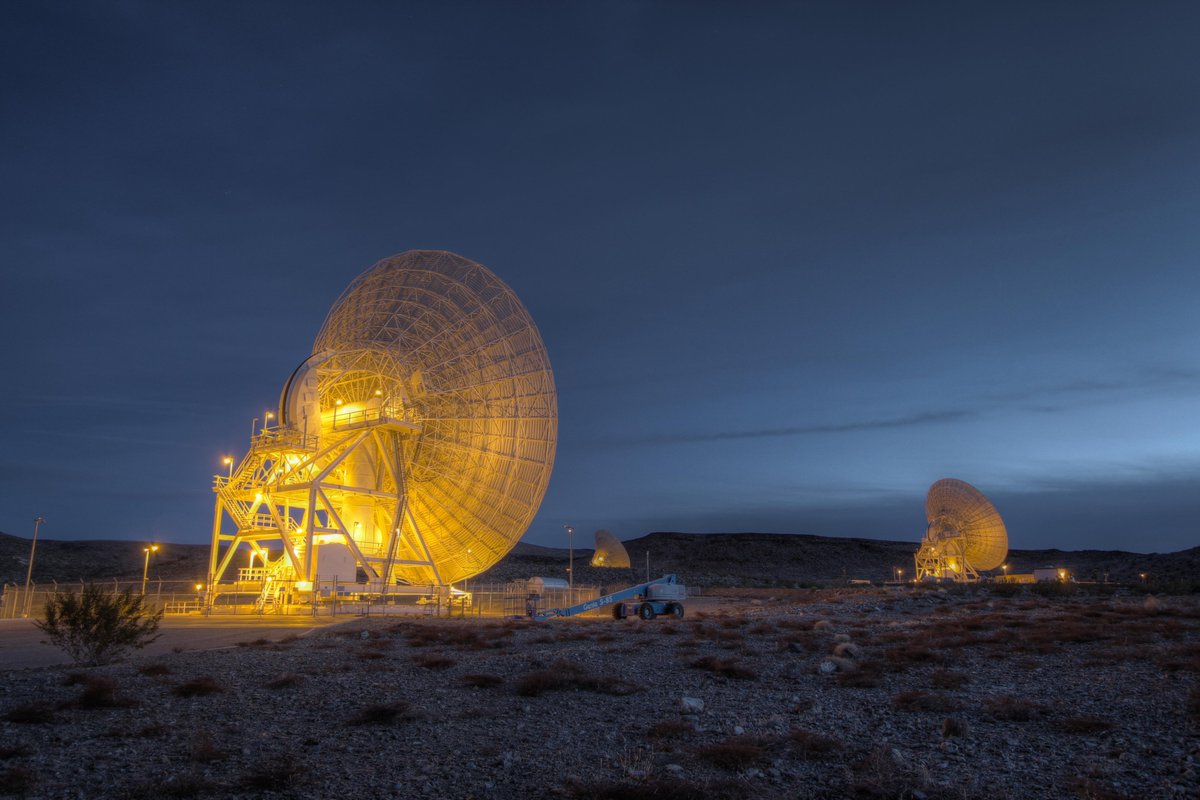 A photo of Deep Space Network (DSN) 34-meter ground antennas at the Goldstone Deep Space Communications Complex near Barstow, California. These antennas are part of the largest and most sensitive scientific telecommunications system in the world. The DSN supports interplanetary spacecraft missions, plus a few that orbit Earth, and provides radar and radio astronomy observations that improve our understanding of the solar system and the larger universe.