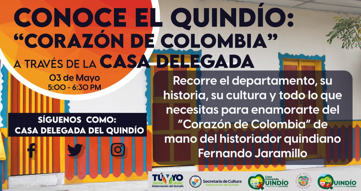 casaquindio's tweet photo. #HOY5:00PM
Los invitamos participar charlas virtuales con historiador quindiano Fernando Jaramillo, enamórate #CorazóndeColombia
Fecha: Martes 03 de mayo
Hora: 5:00 PM- 6:30 PM
Link Acceso: https://t.co/8gX6oQ5x7k
Unirse teléfono:
(US) +1 201-903-3247 PIN: 390 592 271# https://t.co/detjJXT8rR