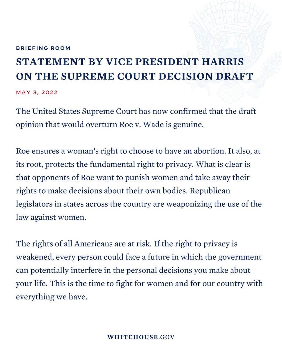 This is the time to fight for women and our country with everything we have. My statement on the Supreme Court decision draft on Roe v. Wade.