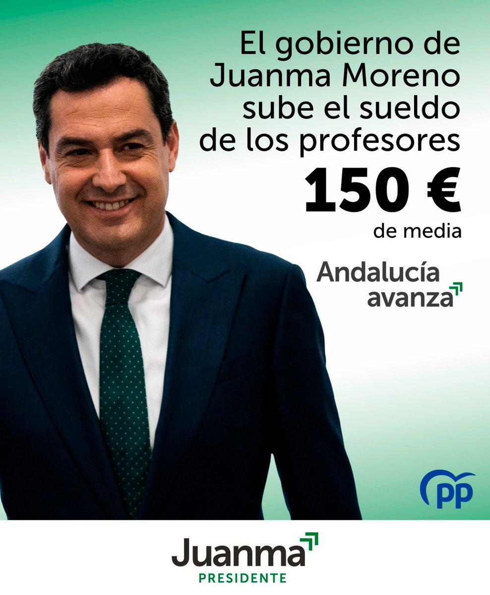 ppandaluz's tweet photo. El gobierno de @JuanMa_Moreno cumple con la equiparación salarial, una demanda histórica. 

Subida en el sueldo de 150 euros al mes de media a los más de 135.000 profesores de Andalucía.

🟢 #AndalucíaAvanza con #JuanmaPresidente. https://t.co/aGcZugHEuC