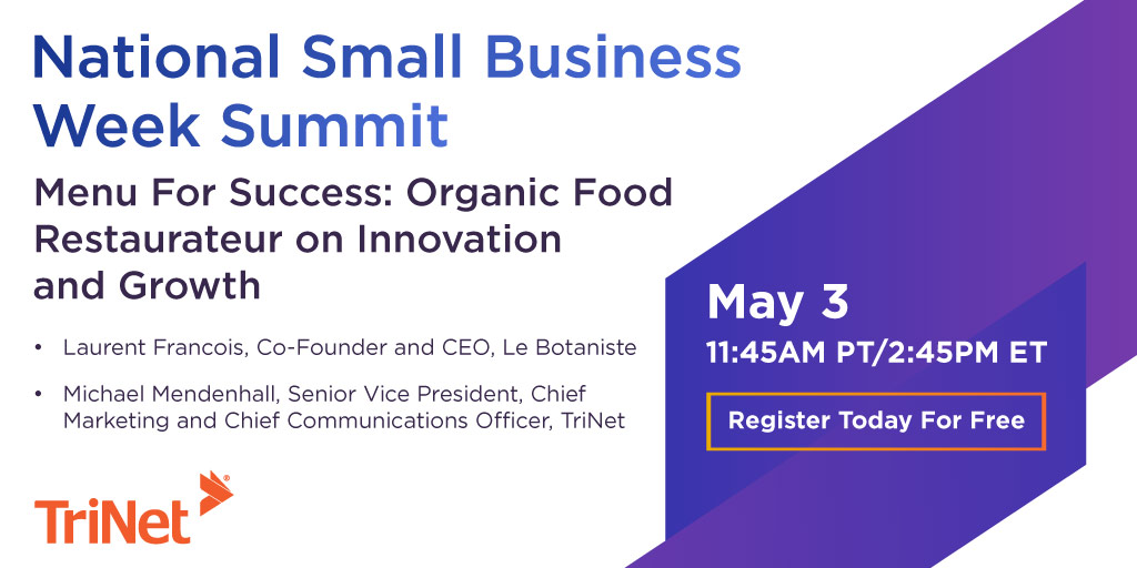 TriNet's tweet image. The #TriNetSmallBizSummit takes a yummy turn at 11:45 a.m. PT/2 p.m. ET today as we welcome Le Botaniste CEO &amp;amp; Co-founder Laurent Francois, who will discuss with TriNet SVP/CMO/CCO @mendenhallma what he learned running a business in a challenging industry during a pandemic.