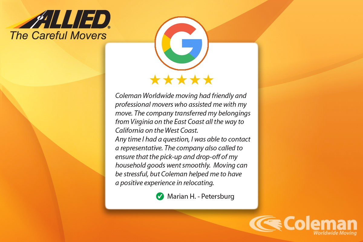ColemanAllied's tweet photo. "Moving can be stressful, but Coleman helped me to have a positive experience in relocating." Marian's experience is one we strive for with everyone that we serve. We hope she's enjoying her new West Coast life! #moving #longdistancemove #packing #newhome #relocation #logistics https://t.co/oTRScK18uS