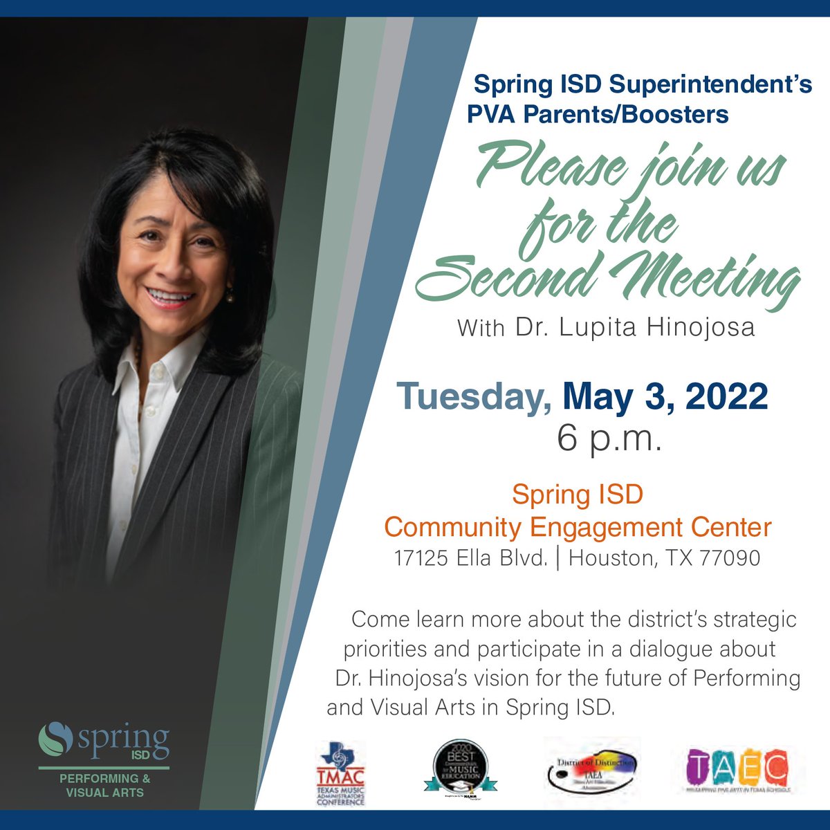 Please come join us in a Q&A and conversation between Spring ISD Performing and Visual Arts Parents and Superintendent, Dr. Hinojosa! We hope to see you there! @Shuester @SpringISD @dlandgre @amandalynnbyers @PVAJohnny #SISDPVA @SpringISDPVA