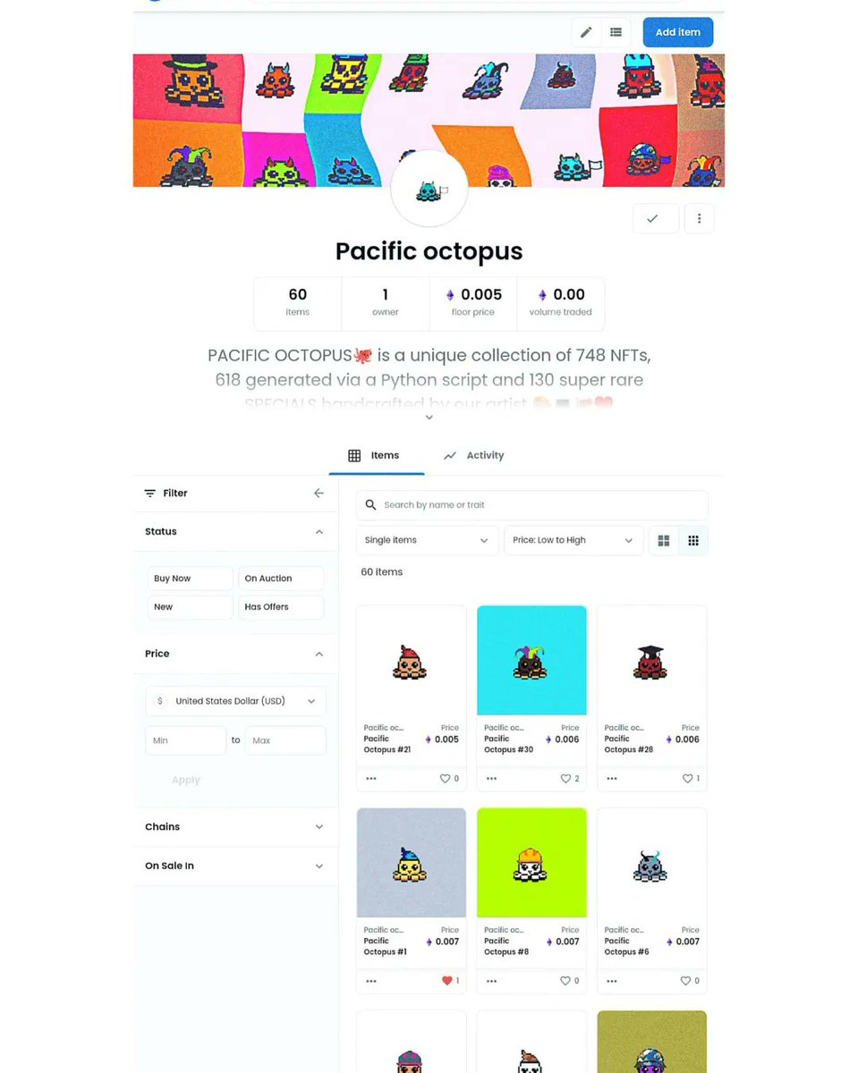 OctopusPacific's tweet photo. ¡Available at Opensea!🙌🏻🐙❤️

prices will be updated to 0.003th🚀✅

today's listing will be 100nft✨💻

#rarity #openseanftart #openseacollection #nftcollectible #pixelart  #nftcommunity #nftsstories #nftartist #nftdrop #blockchain #nftcollectors #nftcollecti̇ble #nftcalendar https://t.co/f2dQdJ2kNC