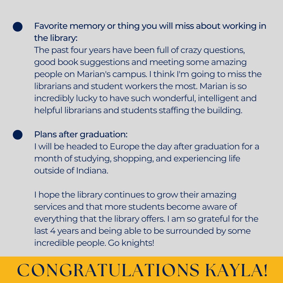 Our Senior Spotlight today is Kayla Walke. Kayla is another one of our Student Managers who has worked for us all four years (and summer, too!) Congratulations, Kayla! We will miss your can-do attitude in the Library! 

#SeniorSpotlight #MarianUniversity