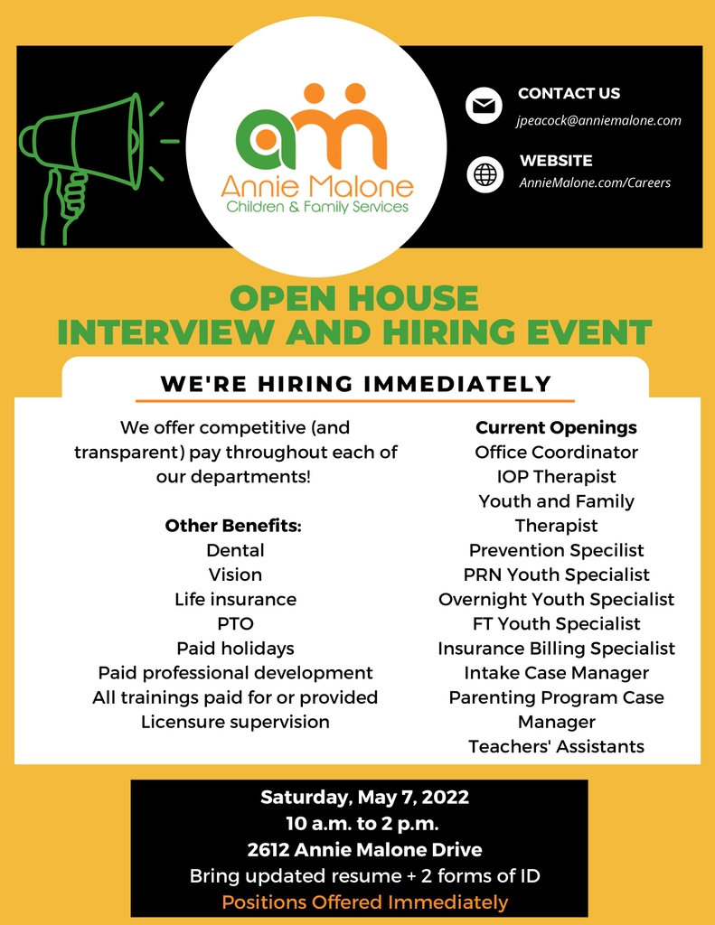 HomeGrown_STL's tweet photo. Don't miss this upcoming Open House Interview and Hiring Event from Annie Malone Children &amp; Family Services! Find out more at https://t.co/dPlByKNLvb https://t.co/16mcBdlq2L