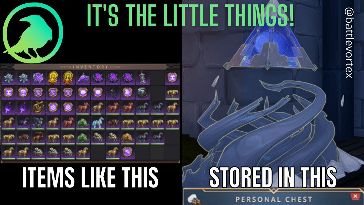 BattleVortex's tweet photo. It would be so nice if we could store account/soulbound items in a personal chest instead of using bank characters. Wouldn't you agree? @CrowfallGame @Crowfallpod #crowsofafeather #freextremexc29 https://t.co/B35DMpeQl1