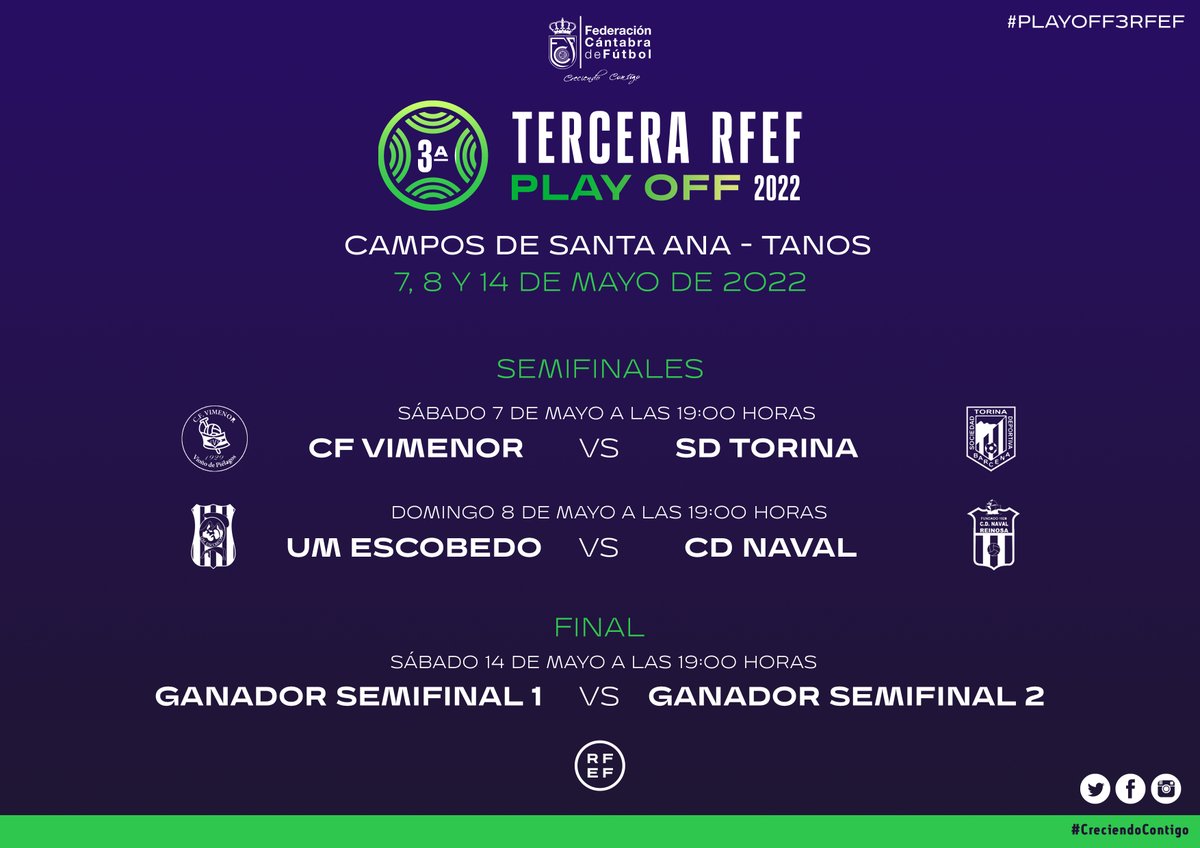 🏆 ¡Semana de #PlayOff3RFEF!

🏟️ Santa Ana (Tanos)

🗓️ Sábado 7
🕖 19:00h
👉 <a href="/cfvimenor/">C.F. Vimenor</a> 🆚 <a href="/SDTORINA/">SD TORINA</a> 

🗓️ Domingo 8
🕖 19:00h
👉 <a href="/UMEscobedo/">U.M. Escobedo</a>  🆚 <a href="/cd_naval/">C.D.Naval</a>