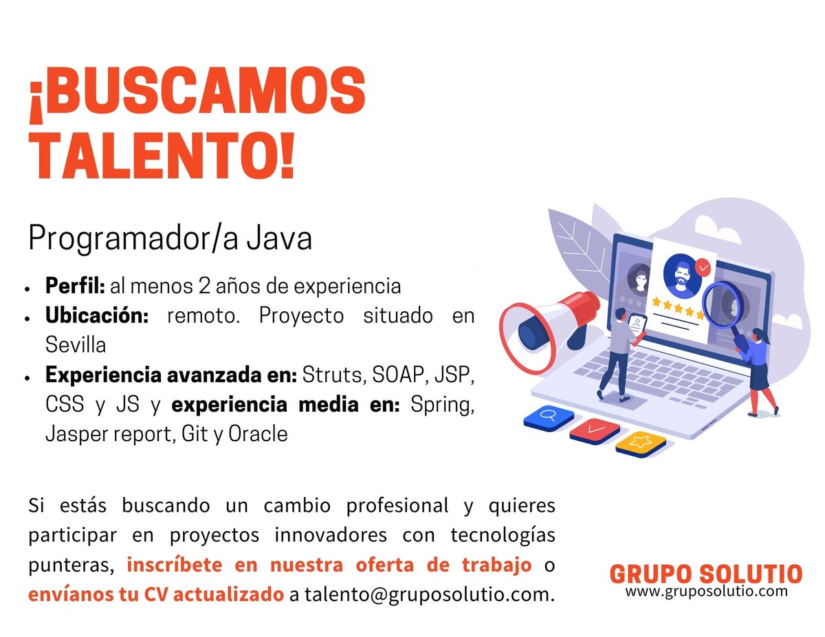 Grupo_Solutio's tweet photo. Para incorporación en nuestro equipo en remoto en proyecto ubicado en #Sevilla, buscamos a un/a #ProgramadorJava.
➡Aplica aquí: https://t.co/b7ORBfVdE2
➡Envíanos tu CV a talento@gruposolutio.com
#SolutioTalent #DesarrolladorJava #JavaDeveloper #Java #Struts #ITjobs https://t.co/RxDAcNYM6o