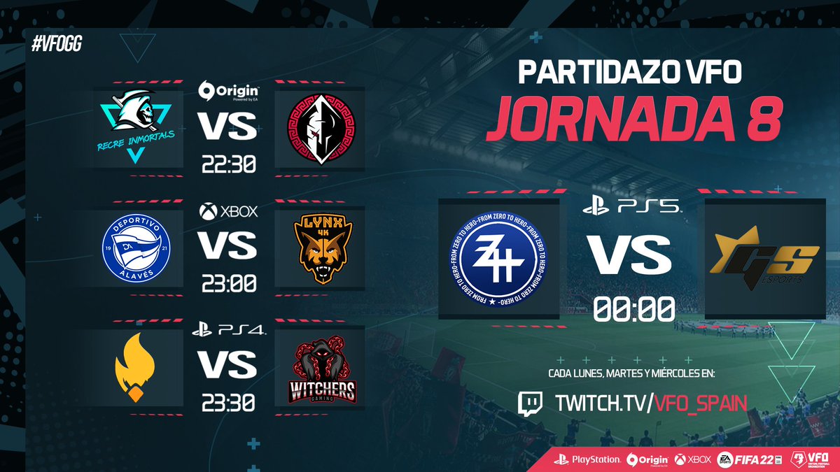 VFO España (@vfospain) on Twitter photo La emoción de #ClubesPro se vive en #VFOgg
Hoy tenemos los siguientes partidos 👇👀
🟠@recreinmortals - <a href="/IMPERIO_nd/">IMPERIO never dies</a>
🟢<a href="/BKNDAesports/">Baskonia Alavés eSports</a> - <a href="/Lynx4K_ESPORTS/">Lynx4K 🦊</a>
🔵<a href="/eSports_UDLP/">Las Palmas Unity 🔥</a> - @WITCHERSGAMING
🔵<a href="/F2HEsports/">FROM ZERO TO HERO</a> - <a href="/Gerstaresports/">🌟GS 𝙀𝙨𝙥𝙤𝙧𝙩𝙨</a>
¿Con cuál os quedáis?
💻twitch.tv/VFO_Spain💻 La emoción de #ClubesPro se vive en #VFOgg
Hoy tenemos los siguientes partidos 👇👀
🟠@recreinmortals - <a href="/IMPERIO_nd/">IMPERIO never dies</a>
🟢<a href="/BKNDAesports/">Baskonia Alavés eSports</a> - <a href="/Lynx4K_ESPORTS/">Lynx4K 🦊</a>
🔵<a href="/eSports_UDLP/">Las Palmas Unity 🔥</a> - @WITCHERSGAMING
🔵<a href="/F2HEsports/">FROM ZERO TO HERO</a> - <a href="/Gerstaresports/">🌟GS 𝙀𝙨𝙥𝙤𝙧𝙩𝙨</a>
¿Con cuál os quedáis?
💻twitch.tv/VFO_Spain💻