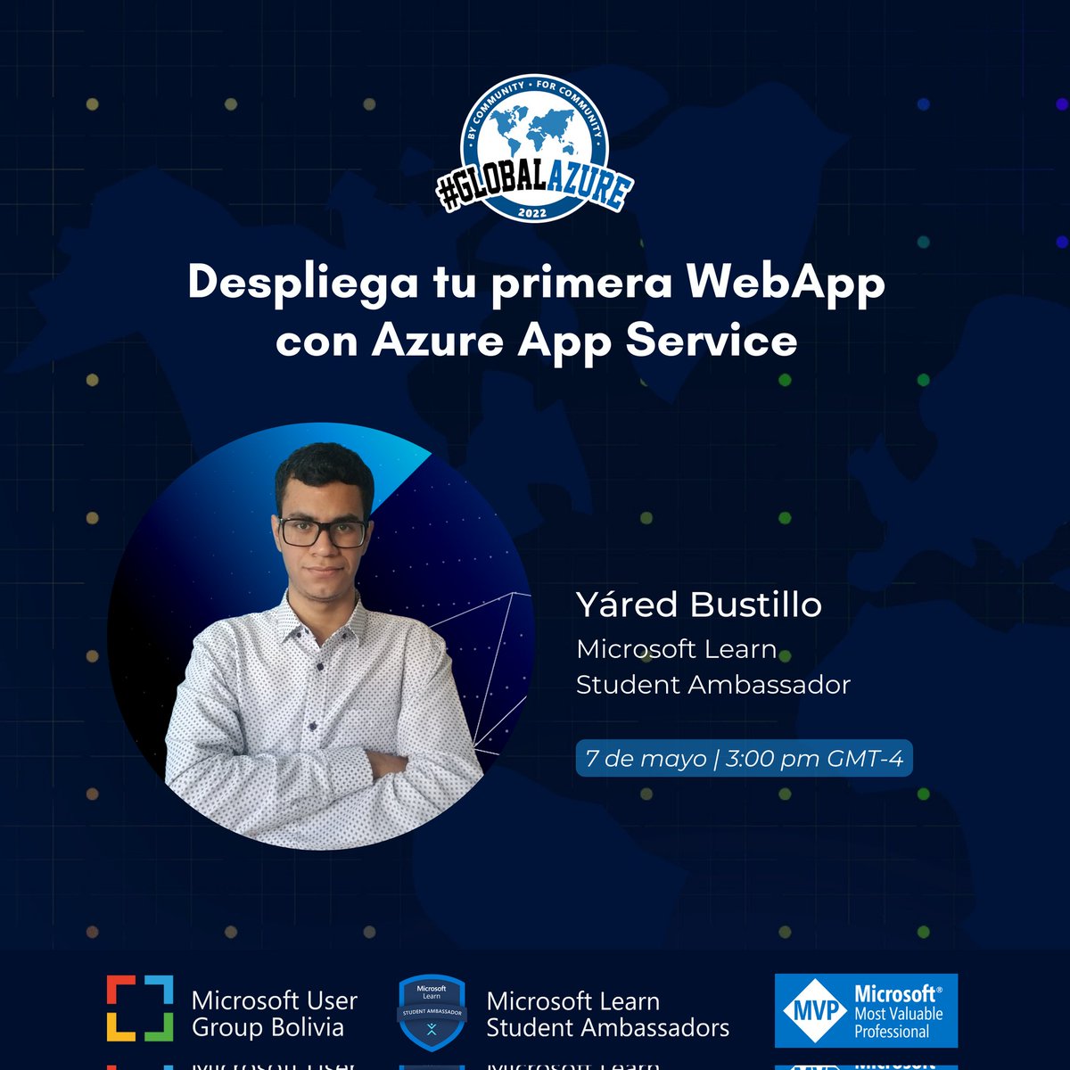 MUGBolivia's tweet photo. ¡Speakers #GlobalAzure2022! 🤩

Yáred Iessé Bustillo Medina, Microsoft Learn Student Ambassador, nos enseñará los conceptos de Azure App Services, sus usos y herramientas para el despliegue de aplicaciones en la web.

#MUGBo #GlobalAzure2022 #GlobalAzure2022MUGBo https://t.co/Ld3fMmyRVu