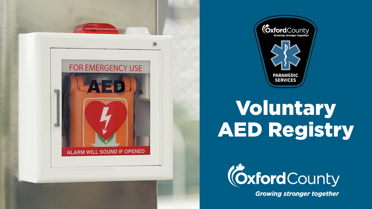 NEW! Voluntary AED registry in Oxford County. If your business or organization has an AED, consider registering at forms.oxfordcounty.ca/Paramedic-Serv… to provide this vital information to our @OxfordParamedic and public in case of an emergency.